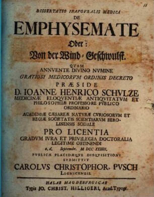 Diss. inaug. med. de emphysemate, oder v. d. Wind-Geschwulst
