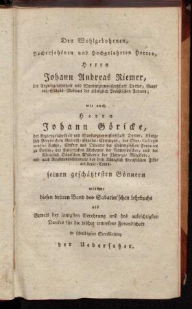 Den Wohlgebohrnen, Hocherfahrnen und Hochgelahrten Herren, Herrn Johann Andreas Riemer,[...]