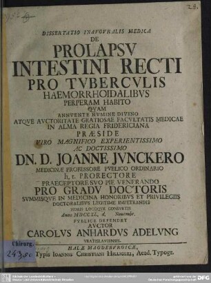 Dissertatio Inauguralis Medica De Prolapsu Intestini Recti Pro Tuberculis Haemorrhoidalibus Perperam Habito