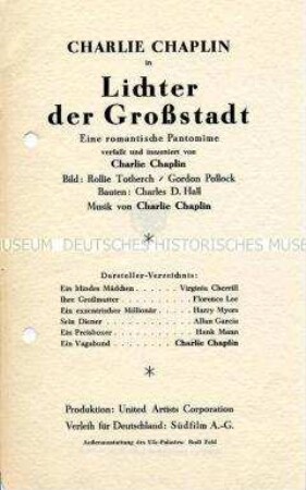Theaterprogramm zu dem Stückes "Lichter der Großstadt" von Charlie Chaplin