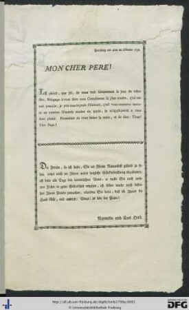 Mon Cher Pere! : Freyburg am 4ten im Oktober 1799