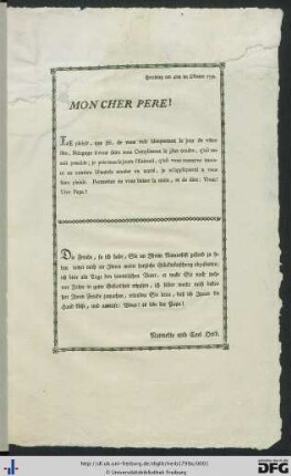 Mon Cher Pere! : Freyburg am 4ten im Oktober 1799