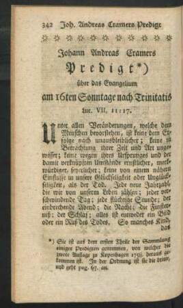 Johann Andreas Cramers Predigt über das Evangelium am 16ten Sonntage nach Trinitatis Luc. VII, 11-17