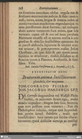 Exercitatio XXIII. Brutorum anima. Intestinorum glandulae. Cor. magnum. Joh. Conrado Peiero Joh. Jacobus Harderus S. P. D.