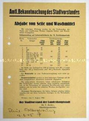 Amtliche Bekanntmachung des Stadtvorstandes von Weimar zur Zuteilung von Seife und Waschmittel