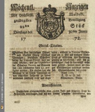 22tes Stueck, Dienstags den 30ten Junii 1772