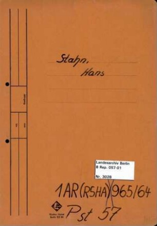 Personenheft Heinz Stahn (*26.01.1908), Arzt