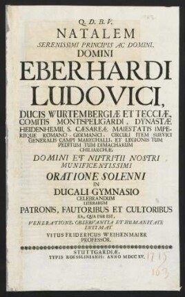 Natalem Serenissimi Principis Ac Domini, Domini Eberhardi Ludovici...