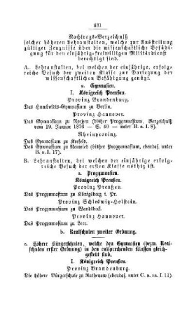 Anerkennung höherer Unterrichtsanstalten : [III. Gymnasial- und Real-Lehranstalten]
