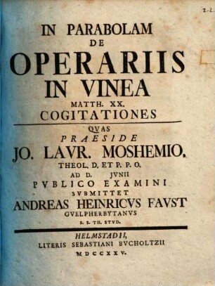 In parabolam de operariis in vinea Matth. XX. cogitationes
