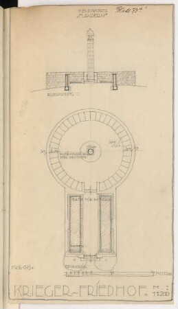 Gefallenenfriedhof Monatskonkurrenz Juni 1918: Grundriss, Vorderansicht 1:200; Maßstabsleiste