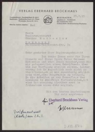Schreiben an Regierungsbaurat Günther Muthesius, Hannover (Brief)