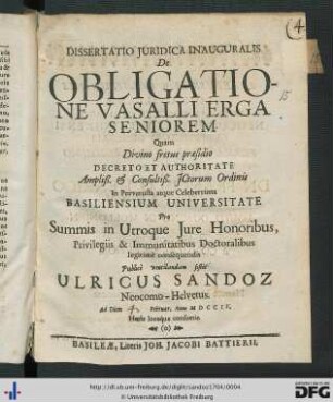 Dissertatio Juridica Inauguralis De Obligatione Vasalli Erga Seniorem