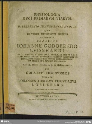 Physiologia Muci Primarum Viarum : Dissertatio Inauguralis Medica