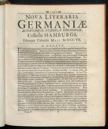 Nova Literaria Germaniæ Aliorumque Europæ Regnorum, Collecta Hamburgi, Editaque Calendis Maji MDCCVII.