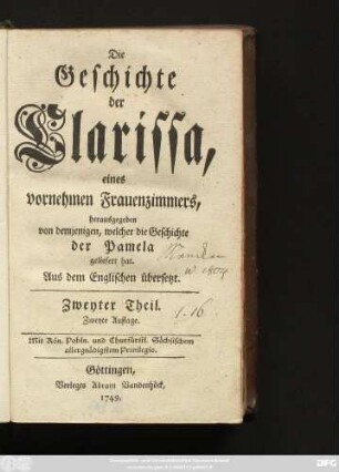 Theil 2: Die Geschichte der Clarissa, eines vornehmen Frauenzimmers