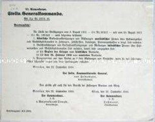 Rundschreiben des stellvertretenden Generalkommandos des VI. Armeekorps zum Verbot von Verkaufsankündigungen über Postwertzeichen und Wohltätigkeitsmarken