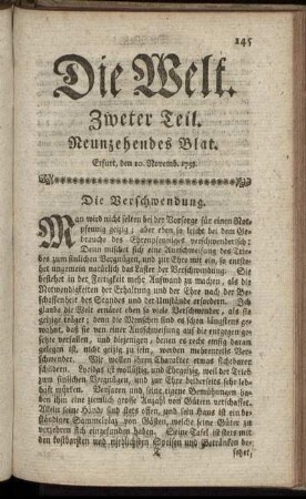 Neunzehendes Blat. Erfurt, den 10. Novemb. 1753.