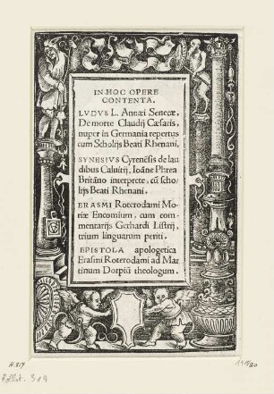 Schmuckrahmen mit Narr und Satyr, Titelblatt aus: "Moriae Encomium", Basel 1516