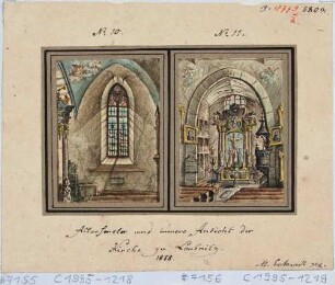 Altarfenster in der Kirche von Leubnitz bei Dresden, an der Südseite, gotisches Maßwerk 1874 entfernt, links der Altar und Teil des Deckengemäldes, Blatt Teil einer Reihe von Eckardt von 1818/1858