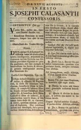 Die XXVII. Augusti. In Festo S. Josephi Calasantii Confessoris