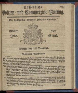 50tes Stueck, Montag den 8ten December 1800