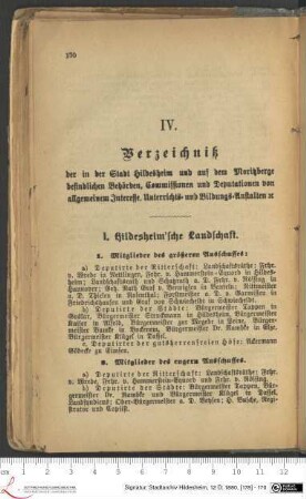 IV. Verzeichniß der in der Stadt Hildesheim und auf dem Moritzberge befindlichen Behörden, Commissionen und Deputationen von allgemeinem Interesse, Unterrichts- und Bildungs-Anstalten etc.