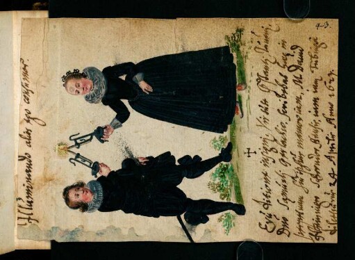 Illustration: Jüngling schwarz gekleidet und Fräulein schwarz gekleidet vereinen zwei Kerzen