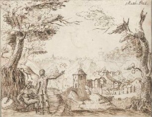 Gebirgslandschaft mit Stadt, vorn links zwei Männer