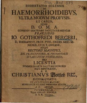 Dissertatio Solennis De Haemorrhoidibvs, Vltramodvm Profvsis, Et Caecis