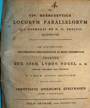 De Vsv Hermenevtico Locorvm Parallelorvm Qvi Exemplis Ex V. T. Petitis Illvstratvr