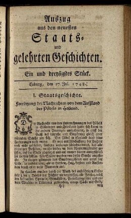 Ein und dreysigstes Stück. Coburg, den 27. Jul. 1748.