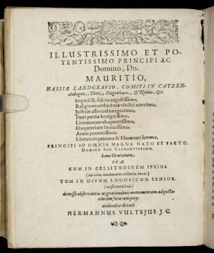 Illustrissimo Et Potentissimo Principi Ac Domino, Dn. Mauritio Hassiae Landgravio [...]