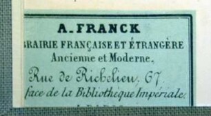 Librairie A. Franck (Paris) / Etikett:Buchhändler/Buchhändlerin