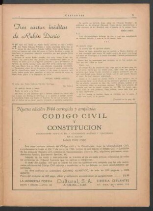 Tres cartas inéditas de Rubén Darío