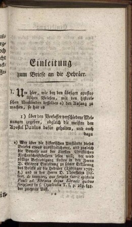 Einleitung zum Briefe an die Hebräer.