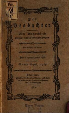 Der Beobachter : eine Wochenschrift politisch-moralisch-satyrischen Inhalts, 1789 = Bd. 2, 2