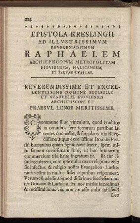 Epistola Kreslingii Ad Illustrissimum Reverendissimum Raphaelem Archiepiscopum Metropolitam Kioviensem, Halicensem, Et Parvae Russiae.
