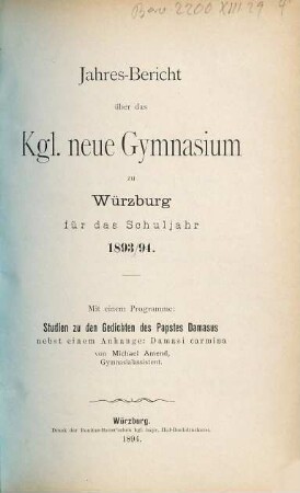 Jahres-Bericht über das K. Neue Gymnasium zu Würzburg. 1893/94