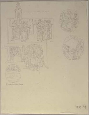 Einige Schwestern, die sich in den Orden des heiligen Franziskus einkleiden lassen, sowie andere Abbildungen aus einem Officinolo oder Breviarium Romanum (?) in der Bibliothek von Siena