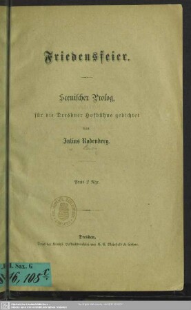 Friedensfeier : scenischer-Prolog für die Dresdener Hofbühnen gedichtet