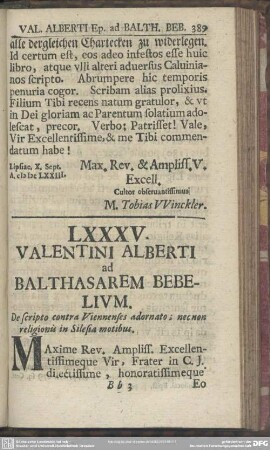 LXXXV. Valentini Alberti ad Balthasarem Bebelium