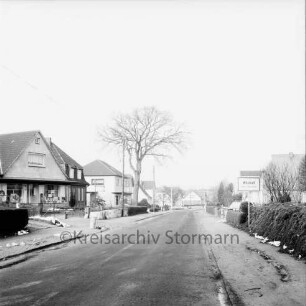 Tangstedter Straße: Ortseingang: rechts Ortsschild an Hecke: dahinter Häuser: links Hecke: dahinter Wohn- und Geschäftshäuser von Alwin Koltz und Elektro-Ahrens: hinten Mitte Baum