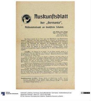 Auskunftsblatt der "Germania", Abstinentenbund an deutschen Schulen.