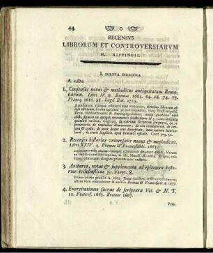 Recensus librorum et controversiarum.