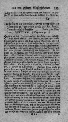 Traduction de diverses oeuvres en allemand en vers et en prose.
