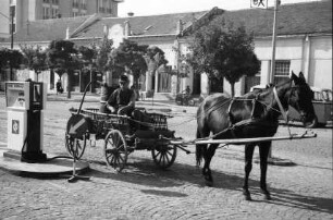 Karlstadt, Karlovac [Kroatien]: Pferdekarren an Tankstelle