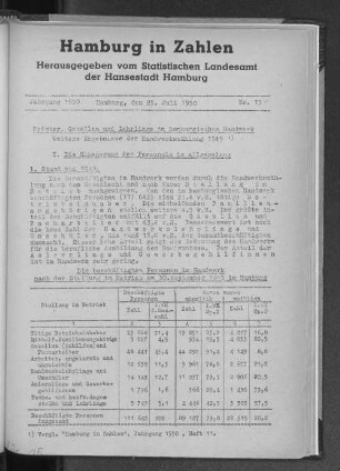 Meister, Gesellen und Lehrlinge im hamburgischen Handwerk : Weitere Ergebnisse der Handwerkszählung 1949