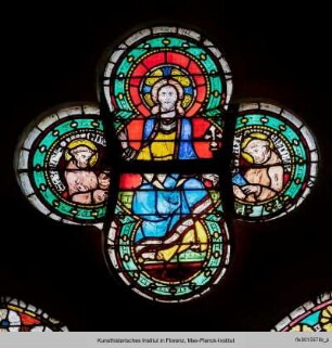 Fenster A-IX mit Genesisszenen und heiligen Jungfrauen : Christus und Maria : Christus zwischen Franziskus und Antonius