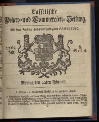 8. Stueck, Montag den 22ten Februar 1762